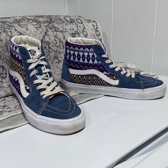 Vans Sk8 Hi Fair Isle Blue  Suede Sneakers Size 9.5W - Picture 3 of 7
